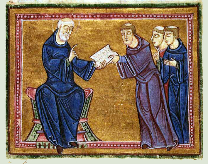 St Benedict, the founder of the Benedictine Order, delivering his rule to three monks.